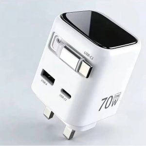 70W GaN USB-C Wall Charger with Retractable Cable & AI Digital Display